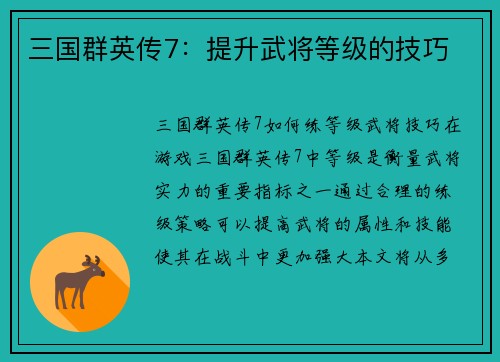 三国群英传7：提升武将等级的技巧